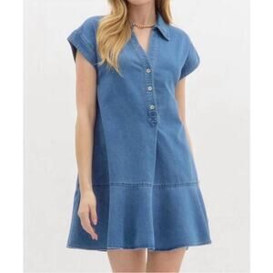 Entro Stay Close Denim Drop Waist Collared Button Front Mini Dress Light Blue M